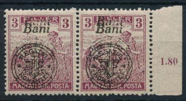 Nagyvárad 1919 Arató 3f ívszéli pár kettős felülnyomással / Mi 27 II. margin pair with double overprint Signed: Bodor