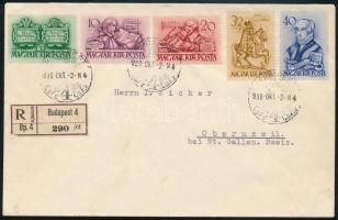 1939 Protestáns sor ajánlott levélen Svájcba / Mi 616-620 on registered cover to Switzerland
