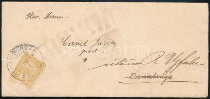 1909 Turul 2f levélen, benne esküvői meghívó, Oravicára küldve, majd továbbítva Réva-Újfalura, hátoldalon "Úton van" címkével / 2f on cover "ROMÁN BOGSÁN" to Oravicza, redirected to Réva-Újfalu