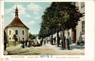 1905 Szepesbéla, Spisská Belá (Szepes, Zips); Evangélikus templom. Feitzinger Ede Auto-Chrom 559. 1902/12. / Lutheran church, street view (EK)