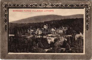 Borszék, Borsec; a fürdő villáinak látképe, nyaralók. Szecessziós keret / villas, Art Nouveau frame (EB)