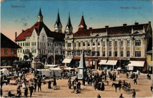1918 Temesvár, Timisoara; Kossuth Lajos tér, piac, villamos, Weisz Sándor, Wilheim Fülöp, Goldmann G., Haring Gusztáv, Gaszner Ferenc üzlete, Dél-magyarországi Jelzálog Hitelbank / square, market, tram, shops, loan bank (szakadás / tear)