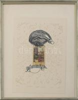 Olvashatatlan jelzéssel: Pénz. Szitanyomat, kollázs (tarokk kártya), papír, üvegezett fakeretben, 27×20 cm