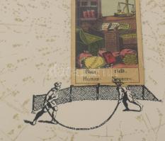 Olvashatatlan jelzéssel: Pénz. Szitanyomat, kollázs (tarokk kártya), papír, üvegezett fakeretben, 27...