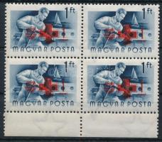 1957 Vöröskereszt 1Ft ívszéli négyestömb a felülnyomat gépszín átnyomatával / Mi 1486 margin block o...