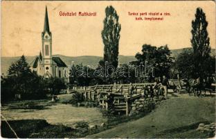 1909 Ruttka, Vrútky; Turóc-parti részlet, Római katolikus templom, híd. Felvidéki Magyarság nyomdája kiadása W.L. Bp. 5864. / Turiec riverside, Catholic church, bridge (EB)