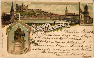 1899 Pozsony, Pressburg, Bratislava; Főtemplom, vár, Városháza, Koronázási emlék (Mária Terézia szobor) / church, castle, town hall, monument. Ottmar Zieher Art Nouveau, floral, litho (r)