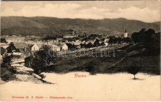 Puhó, Púchov; látkép, templom, híd, vasútvonal, zsinagóga. Reismann M. kiadása / general view, church, bridge, railway line, synagogue