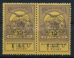 Kolozsvár 1919 Árvíz 12f pár, hosszú "1 LEU" lemezhiba (rozsda) / Mi 7 I. pair with plate variety (stain) Signed: Bodor