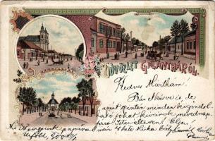 1900 Galánta, templom, kápolna, utca részlet. Szecessziós-virágos litho / church, chapel, street view. Art Nouveau, floral, litho (lyuk / pinhole)