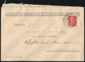 1932 Diósgyőr-Vasgyári Testgyakorlók Köre (DVTK) fejléces boríték, Vanger Vilmos, a DVTK alapítója részére címezve, tartalom nélkül