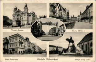 1940 Kolozsvár, Cluj; Mátyás király szobra, Nemzeti színház, Deák Ferenc utca, Horthy Miklós út, "Erdély visszatér" díszkapu / statue of Matthias Corvinus, theatre, streets, irredenta decorated gate (EB)