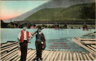 Árvaváralja, Árva-Váralja, Oravsky Podzámok; Tutajosok a Vág folyón, híd. Feitzinger Ede kitüntetett műkiadása 116. / Flösser auf dem Waagflusse / rafters on River Váh, bridge (EK)