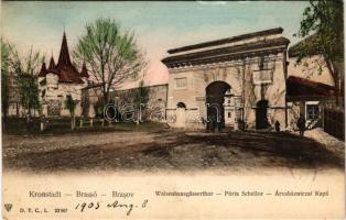 1905 Brassó, Kronstadt, Brasov; Waisenhausgässertor / Porta Scheilor / Árvaház utcai kapu, katonák / city gate with K.u.K. soldiers (EK)