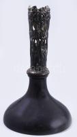 Antik ezüst (Ag) gyertyatartó, fa talapzatban, fém merevítőgyűrűvel, sérült, m: 18 cm