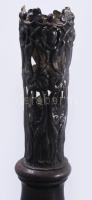 Antik ezüst (Ag) gyertyatartó, fa talapzatban, fém merevítőgyűrűvel, sérült, m: 18 cm