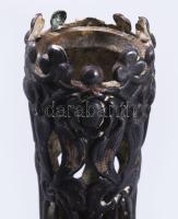 Antik ezüst (Ag) gyertyatartó, fa talapzatban, fém merevítőgyűrűvel, sérült, m: 18 cm