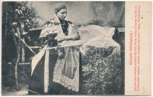 Zólyom, Zvolen; Zólyomi népi varrottas, színházi tüll sál. Kapható a Klotild hercegnő egyletben (Budapest, Klotild palota) / Upper Hungarian (Slovak) folklore, theatre tulle scarf (ázott / wet damage)