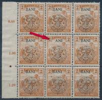 Kolozsvár 1919 Arató 2f ívszéli 9-es tömb, benne ANI lemezhiba / Mi 26 I. block of 9 with plate variety Signed: Bodor