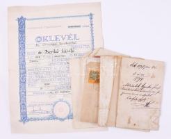 1897-1967 Vegyes papírrégiség tétel: Abaúj-Torna vármegye közigazgatási bizottsága által kiállított irat, M. Kir. József Nádor Műszaki és Gazdaságtudományi Egyetem szociális tanfolyamának bizonyítványa, anyakönyvi kivonat, házasságlevél, stb. (közte okmánybélyeges iratok), összesen 12 db, változó állapotban