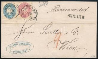 1864 1863-as 10kr és 2 x 1864-es 5kr (hátoldali eltépve) vegyes bérmentesítés ajánlott levélen / 1863 10kr + 2 x 1864 5kr (torn on the back) mixed franking on registered cover "KRONSTADT" - Wien