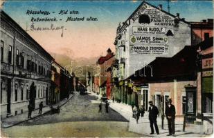 Rózsahegy, Ruzomberok; Híd utca, Rózsafüred gőzfürdő reklámja egy házfalon, Haas Rudolf, Vámos Sámuel, Mangold Zsigmond üzlete. Valuch János kiadása / Mostová ulica / street view, steam bath advertisement on the wall, shops (EM)