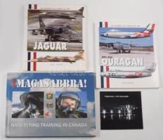 Grósz Andor-Kővári László-Tőrös István: Mindig magasabbra! NATO Flying Training in Canda. Szerk.: Tőrös István. Bp., én., HM Kommunikációs Főosztálya. Kiadói kartonált papírkötés. + Megérkeztek a XXI. század griffjei. +Les Mátériels de l'Armée de L'Air 1-2. 1.: SÉbastien Guillemin: MD 450 Ouragan. 2. Fréderic Lert: Sepecat Jaguar. Histoire &amp; Collections. Francia nyelven. Gazdag képanyaggal. Kiadói papírkötések.