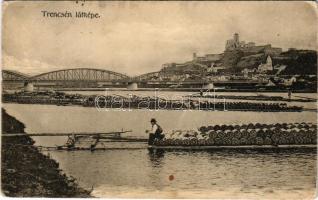 1910 Trencsén, Trencín; látkép, vár, híd, faúsztatás tutajokon / general view with castle, bridge, timber transport with rafts (EK)