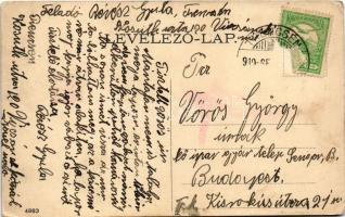 1910 Trencsén, Trencín; látkép, vár, híd, faúsztatás tutajokon / general view with castle, bridge, t...