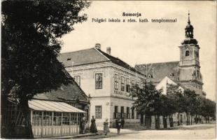 1915 Somorja, Csallóköz-Somorja, Somorin, Samorín; Polgári iskola, Római katolikus templom, üzlet. Kranzinger Nándor kiadása / school, Catholic church, shop (EK)