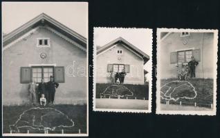 1936 Agárd, kövekből kirakott Nagy-Magyarország ábrázolás a vasútállomás épülete előtt, 3 db fotó, 9x6 cm és 14x9 cm