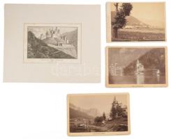 Régi várak, kastélyok, fotón és metszeten: Grundlsee, Kirchdorf 36 db kabinetfotó + cca 1860 Leopold Müller(1834-1882): Ruine des Schloss Boskovitz vom Jahre 1814, metszet, 12x15 cm