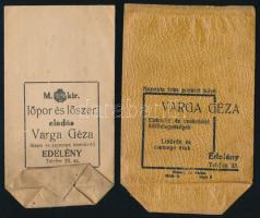 cca 1920-1930 Edelény, Varga Géza fűszer és csemege kereskedő 2 db reklám papírtasakja, az egyiken "M. kir. lőpor és lőszer eladás" felirattal, 15x8 cm és 15,5x10 cm
