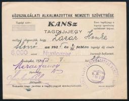 1925 Bp., Közszolgálati Alkalmazottak Nemzeti Szövetsége (KANSz) tagdíj-jegy 8000K tagsági díj befizetéséről