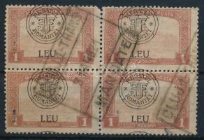Kolozsvár 1919 Parlament 1K négyestömb kolozsvári pénzutalvány bélyegzéssel / Mi 40 I. block of 4 Signed: Bodor