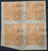 Nagyvárad 1919 Hírlapbélyeg négyestömb elcsúszott felülnyomással / Mi 19xII. block of 4 with shifted overprint Signed: Bodor