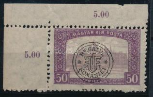 Kolozsvár 1919 Parlament 50f ívsarki bélyeg, BANI nélkül / Mi 37 I. with shifted overprint Signed: Bodor