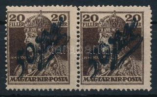 Temesvár 1919 Károly 20f pár fekete felülnyomással, RR! / Mi 4 pair with black overprint Signed: Bodor