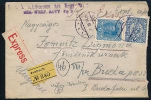1918 Expressz ajánlott katonai posta levél osztrák 85 Heller díjkiegészítéssel "JENBACH" - "BUDAPEST"