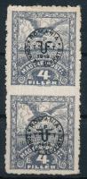 Debrecen II. 1920 4f középen fogazatlan pár, gépszínátnyomattal (alsó bélyeg postatiszta) / Mi 78y pair, imperforate in the middle, with machine offset Signed: Bodor