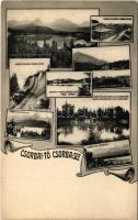 Tátra, Magas Tátra, Vysoké Tatry; mozaiklap: Csorba-tó, fogaskerekű vasútállomás, gőzmozdony, villa. Stengel&amp;Co. (Dresden) 35075. / multi-view postcard: lake, Csorba cogwheel railway station (EK)