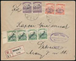 1919 Debrecen helyi ajánlott levél 8 db bélyeggel, cenzúrázva, Kapusi Géza bélyegszakértőnek címezve / Local registered censored cover Signed: Bodor
