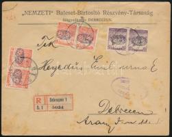 1919 Debrecen helyi ajánlott céges levél 6 db bélyeggel, cenzúrázva / Local registered business cover with 6 stamps and censorship Signed: Bodor