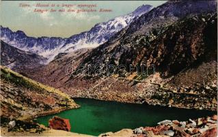 Tátra, Magas-Tátra, Vysoké Tatry; Hosszú-tó a Lengyel-nyereggel. Cattarino S. utóda Földes Samu kiadása / Langer See mit dem polnischen Kamm / lake, mountain (EB)