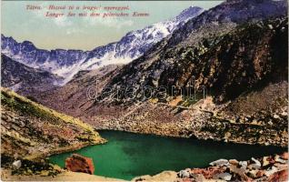 Tátra, Magas-Tátra, Vysoké Tatry; Hosszú-tó a Lengyel-nyereggel. Cattarino S. utóda Földes Samu kiadása / Langer See mit dem polnischen Kamm / lake, mountain