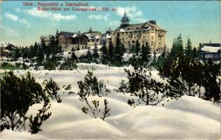 Tátra, Magas-Tátra, Vysoké Tatry; Nagyszálló a Csorba-tónál télen. Cattarino S. utóda Földes Samu kiadása / Strbské pleso / Grand Hotel am Csorber-See / hotel near the lake in winter (EK)