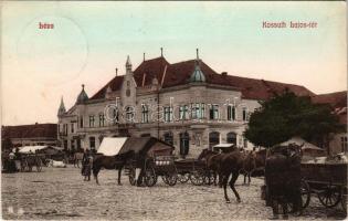 1908 Léva, Levice; Kossuth Lajos tér, Városháza, Popper Győző üzlete, piac / square, shops (EK)