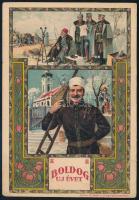 1917 Litho kéményseprős újévi üdvözlőlap, Pajor Ignác kéményseprő mester reklámja (Bp. VIII. Klauzál u. 3.), első világháborús jelenettel