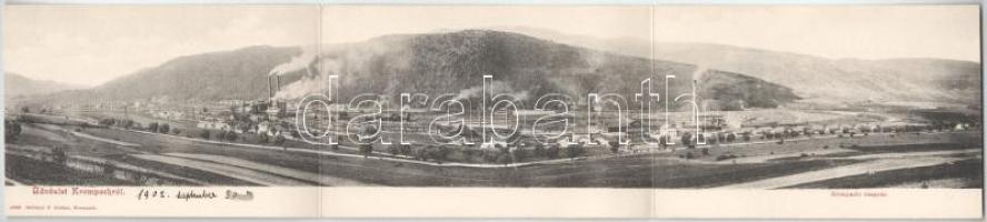 1902 Korompa, Krompach, Krompachy (Szepes); vasgyár. Balkányi S. kiadása, 3-részes kihajtható panorámalap / ironworks, iron factory. 3-tiled folding panoramacard