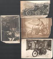 cca 1910-1930 Motorosokat, motorkerékpárokat ábrázoló fotók, 4 db, nagyrészt sérült, 9x14 cm körüli méretben